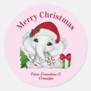 Cute Baby Elephant Merry Christmas Pink Classic Round Sticker