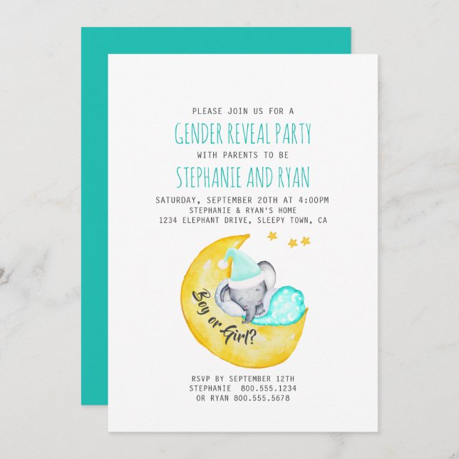 Cute Baby Elephant on the Moon Gender Reveal Invitation (Front/Back)