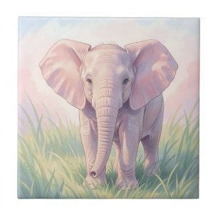 Cute Baby Elephant Pastel Meadow Ceramic Tile