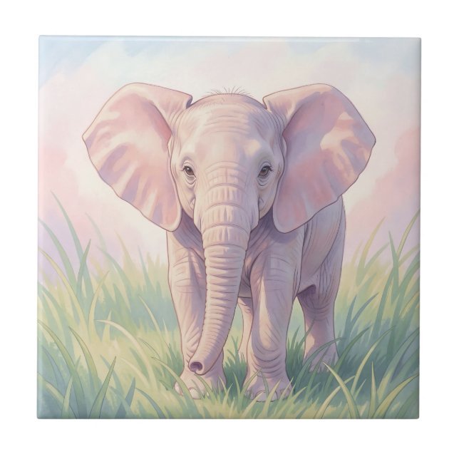 Cute Baby Elephant Pastel Meadow Ceramic Tile (Front)