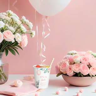 Cute Baby Elephant & Pink Balloon Girl Baby Shower Paper Cups