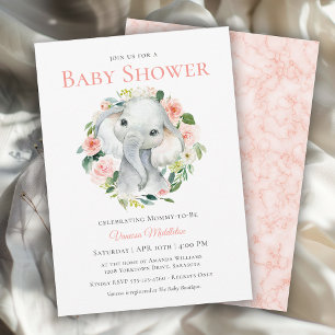 Cute Baby Elephant Pink Floral Baby Shower Invitation