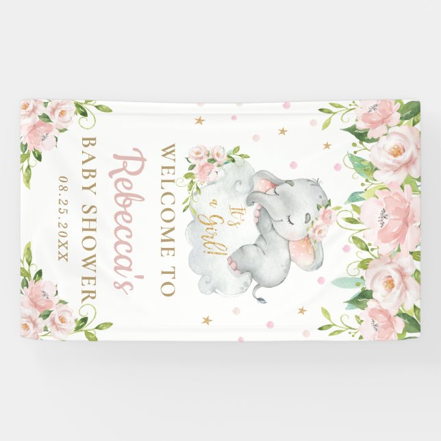 Cute Baby Elephant Pink Floral Backdrop Welcome Banner (Horizontal)