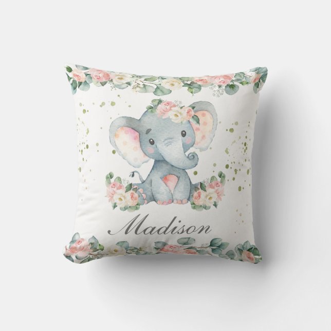 Cute Baby Elephant Pink Floral Greenery Nursery Cushion (Front)