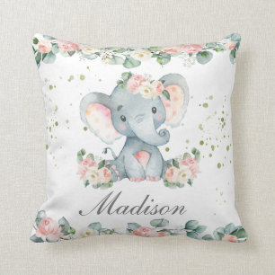 Cute Baby Elephant Pink Floral Greenery Nursery Cushion