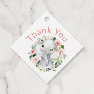 Cute Baby Elephant Pink Floral Thank You Favour Tags
