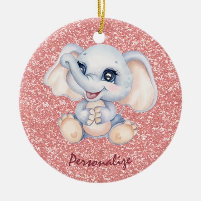 Cute Baby Elephant Pink Glitter Personalise Ceramic Ornament (Front)