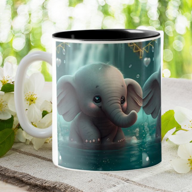 Cute Baby Elephant playing in water Nursery Art Two-Tone Coffee Mug (Creator Uploaded)
