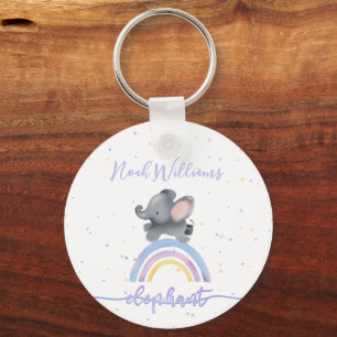 Cute Baby Elephant Playing On A Colourful Rainbow Key Ring