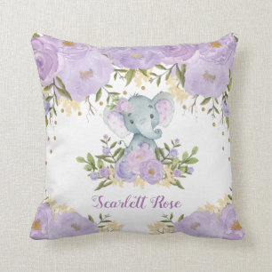 Cute Baby Elephant Purple Floral Girl Nursery Cushion