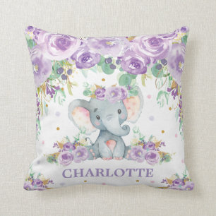 Cute Baby Elephant Purple Floral Girl Nursery Cushion