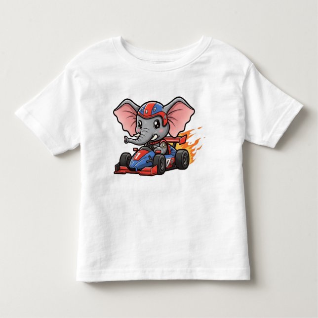Cute Baby Elephant Race Car Driver Toddler T-Shirt (Front)