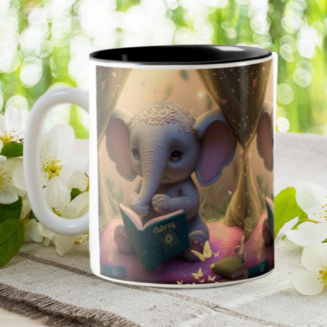 Cute Baby Elephant reading a book Personalised Two-Tone Coffee Mug (Creator Uploaded)