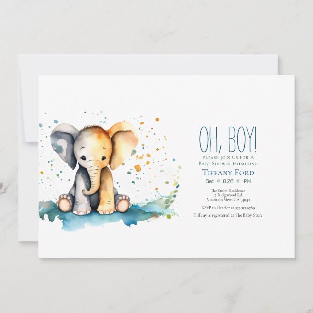 Cute Baby Elephant Safari-Themed Boy Baby Shower Invitation (Front)