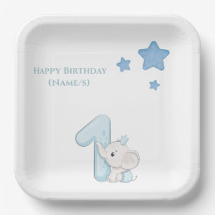 Cute Baby Elephant & Stars 1st Birthday Design Paper Plate