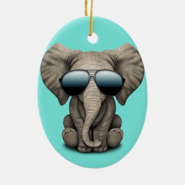 Cute Baby Elephant Wearing Sunglasses Ceramic Ornament (Back)