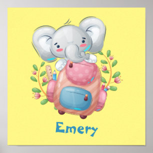 Cute Baby Elephant With A Backpack Personalised Poster