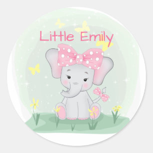 Cute baby elephant with a pink bow in a clearing  Classic Round Sticker