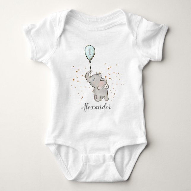 Cute Baby Elephant with Balloon 1st Birthday Baby Bodysuit (Front)