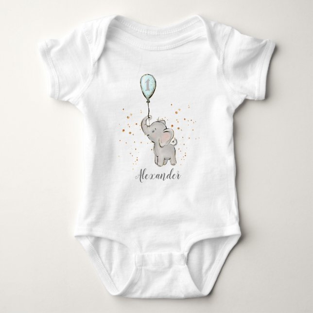 Cute Baby Elephant with Balloon 1st Birthday Bodysuit (Front)