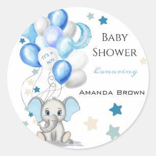Cute Baby Elephant with Balloons Boy Baby Shower Classic Round Sticker