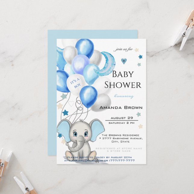 Cute Baby Elephant with Balloons Boy Baby Shower Invitation (Front/Back In Situ)