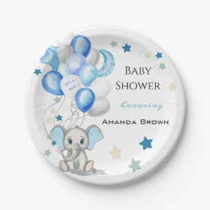 Cute Baby Elephant with Balloons Boy Baby Shower Paper Plate