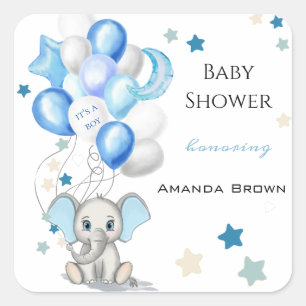 Cute Baby Elephant with Balloons Boy Baby Shower Square Sticker