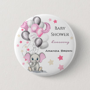 Cute Baby Elephant with Balloons Girl Baby Shower 6 Cm Round Badge