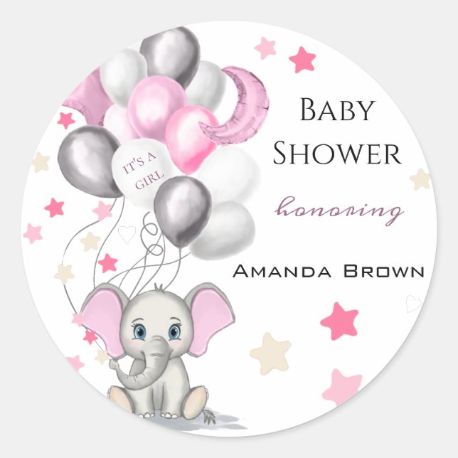 Cute Baby Elephant with Balloons Girl Baby Shower Classic Round Sticker (Front)