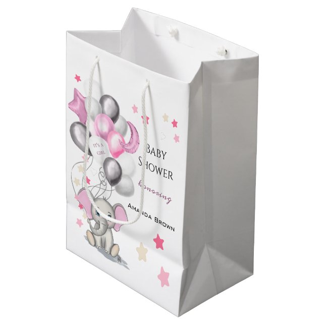 Cute Baby Elephant with Balloons Girl Baby Shower Medium Gift Bag (Front Angled)