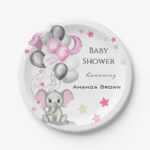 Cute Baby Elephant with Balloons Girl Baby Shower Paper Plate