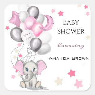 Cute Baby Elephant with Balloons Girl Baby Shower Square Sticker