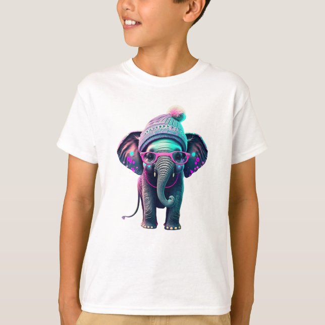 Cute Baby Elephant with Beanie and Pink Glasses T-Shirt (Front)