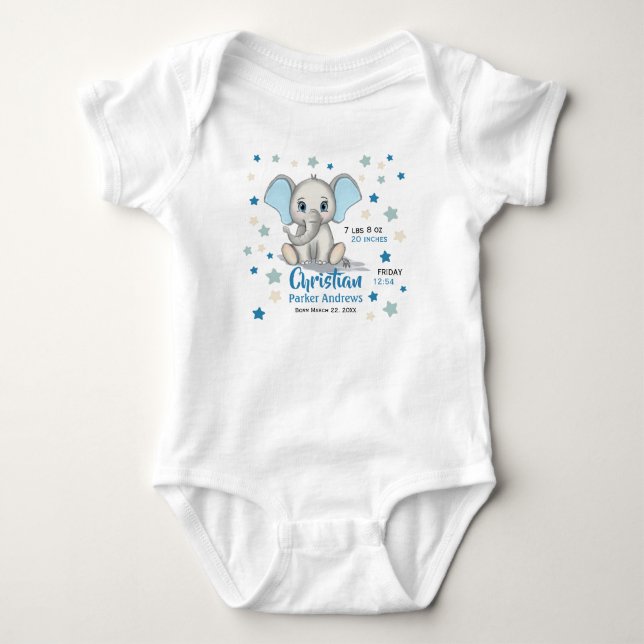 Cute Baby Elephant with Blue Ears Boy Birth Stats Bodysuit (Front)