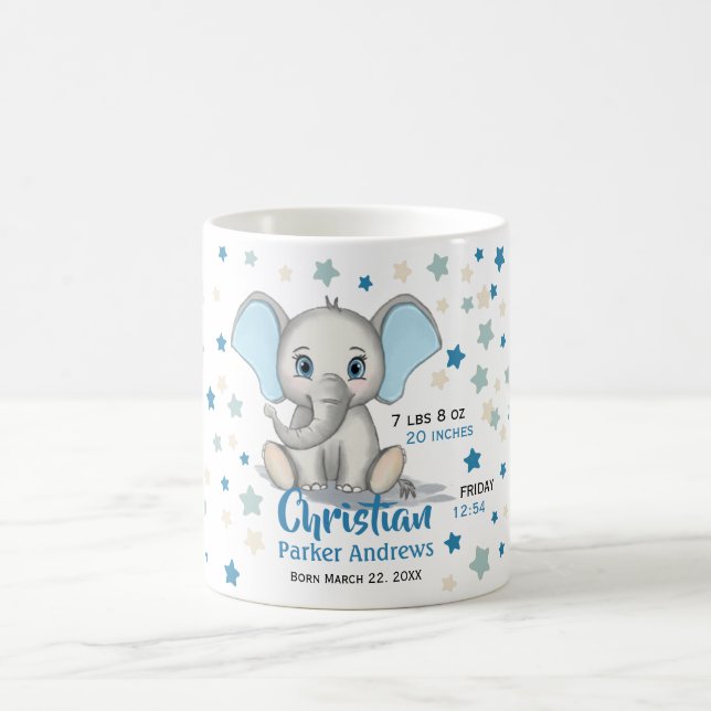 Cute Baby Elephant with Blue Ears Boy Birth Stats Coffee Mug (Center)