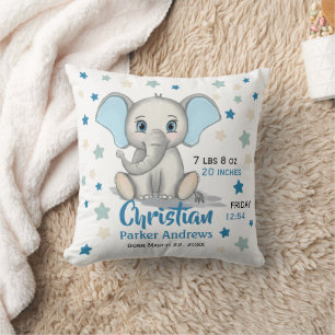 Cute Baby Elephant with Blue Ears Boy Birth Stats Cushion