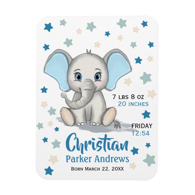 Cute Baby Elephant with Blue Ears Boy Birth Stats Magnet (Vertical)