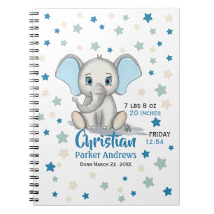 Cute Baby Elephant with Blue Ears Boy Birth Stats Notebook