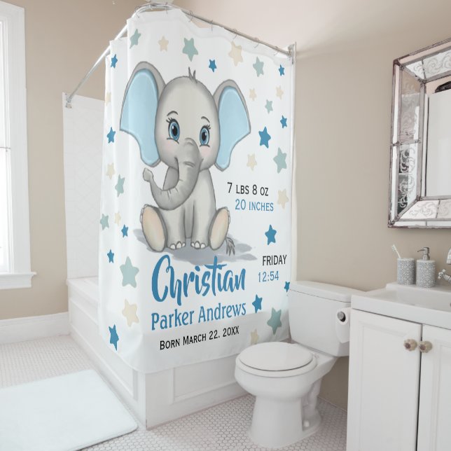Cute Baby Elephant with Blue Ears Boy Birth Stats Shower Curtain (In Situ)