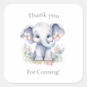 Cute Baby Elephant with Flowers Baby Shower Square Sticker