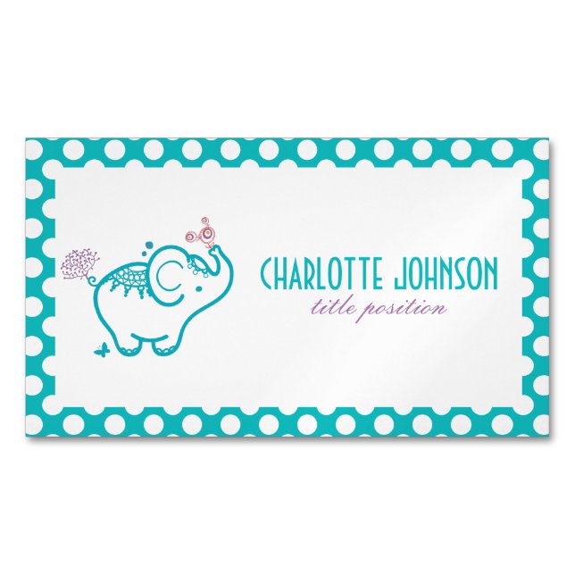Cute Baby Elephant With Flowers Magnetic Business Card (Front)