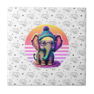 Cute Baby Elephant with Glasses and Beanie Ceramic Tile