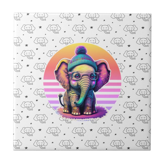 Cute Baby Elephant with Glasses and Beanie Ceramic Tile (Front)