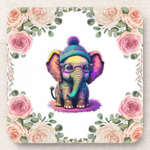 Cute Baby Elephant with Glasses and Beanie Coaster