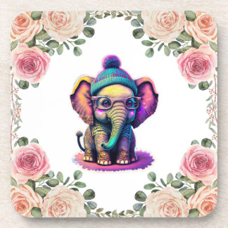 Cute Baby Elephant with Glasses and Beanie Coaster