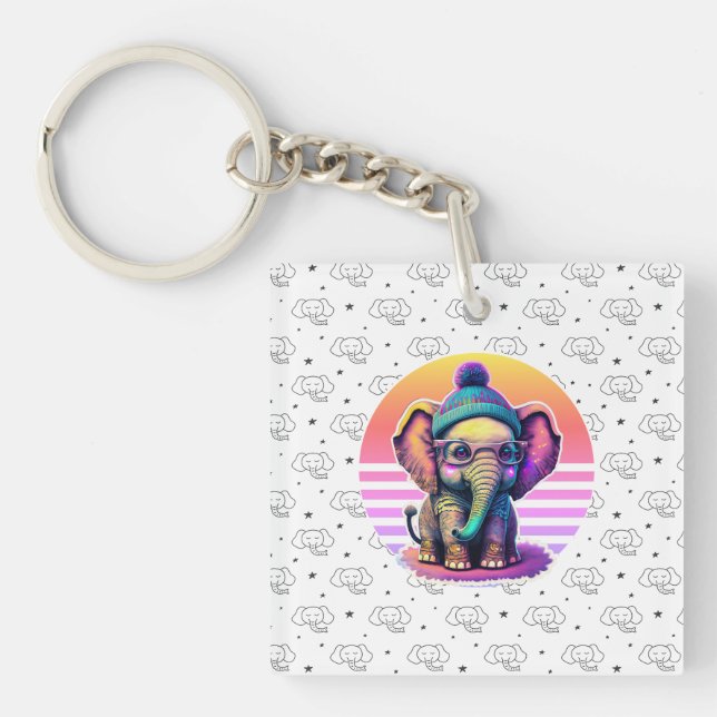 Cute Baby Elephant with Glasses and Beanie Key Ring (Front)