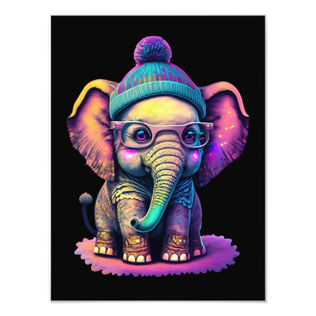 Cute Baby Elephant with Glasses and Beanie Photo Print (Front)