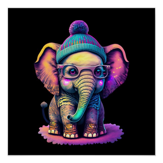 Cute Baby Elephant with Glasses and Beanie Poster (Front)