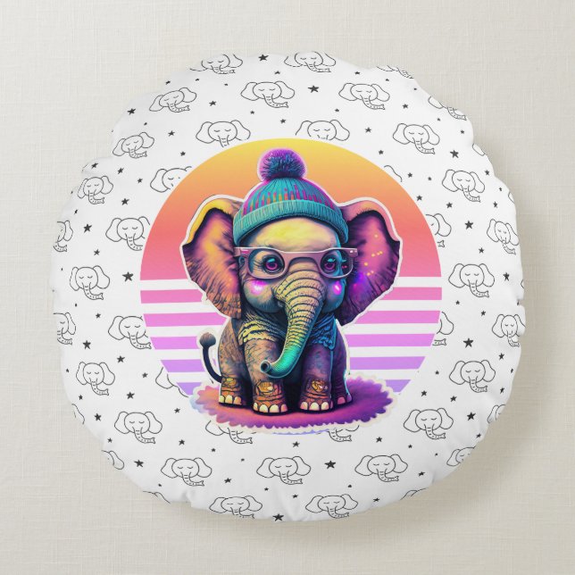 Cute Baby Elephant with Glasses and Beanie Round Cushion (Front)